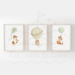 Lot 3 watercolor foxes forest A4 (21x29.7cm) OR 13x18cm baby room decoration animals illustrations poster child sky