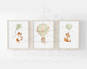 Conjunto de 3 aquarela raposas floresta A4 (21x29,7cm) OU 13x18cm decoração de quarto de bebê animais ilustrações pôster criança céu