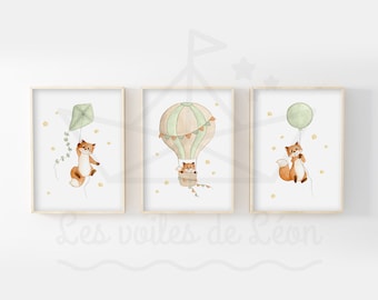 Lot 3 aquarelles renards forêt A4(21x29,7cm) OU 13x18cm décoration chambre bébé animaux illustrations poster enfant ciel