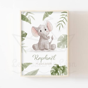 Póster con el nombre del bebé elefante en tamaño A4 (21 x 29,7 cm) o 13 x 18 cm, acuarela, decoración de pared para habitación infantil, póster de safari, animales de la sabana