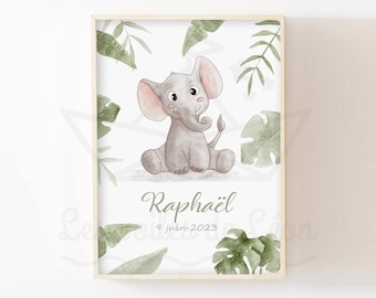Watercolor elephant baby name poster, nursery wall decoration, safari animal poster, savannah