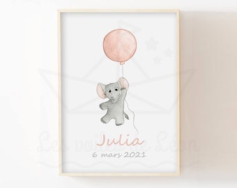Baby elephant watercolor poster, animals, sky, baby shower gift idea, nursery wall decoration
