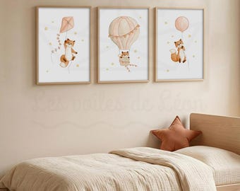 Set of 3 watercolor paintings of foxes among the stars, wall decoration for baby's room, children's illustrations of forest animals