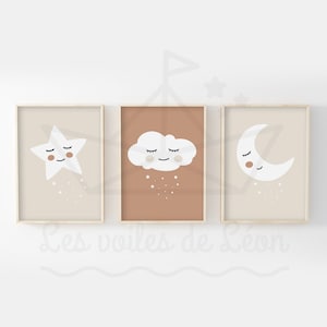 Juego de 3 pósteres de luna, estrellas y nubes para niños, tamaño A4 (21 x 29,7 cm) o 13 x 18 cm, decoración de habitación de bebé bohemia, póster de pared de cielo bohemio, idea de regalo de nacimiento
