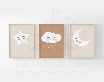 Set of 3 moon, star, and cloud posters for children's nursery decor, boho-style wall poster, sky design, baby shower gift idea