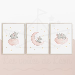 Conjunto de 3 elefantes bebés de acuarela de 30 x 40 cm, decoración de pared para habitación infantil, estrellas, nubes, luna, carteles, safari, jungla, regalo de nacimiento