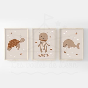 Set mit 3 personalisierten Meerespostern A4 (21x29,7cm) oder 13x18cm Schildkröte Qualle Wal Wanddekoration Babyzimmer Ozean Geburt Geschenkidee
