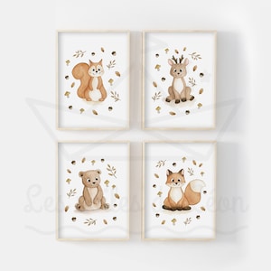 Juego de 4 carteles de acuarela para bebés A4 (21 x 29,7 cm) o 13 x 18 cm con ardilla, oso, zorro, ciervo y elementos otoñales, carteles infantiles con animales del bosque mixtos