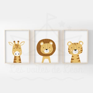Lot 3 affiches enfant 30x40cm collection safari, lion, girafe, tigre, cadeau naissance, décoration murale chambre bébé, poster animaux image 1