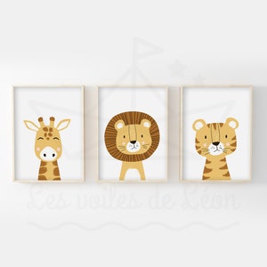 Lote de 3 pósters infantiles 30x40cm colección safari, león, jirafa, tigre, regalo de nacimiento, decoración de pared de habitación de bebé, póster de animales
