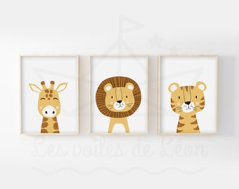 Lote 3 carteles infantiles 30x40cm colección safari, león, jirafa, tigre, regalo nacimiento, decoración pared habitación bebé, cartel animales