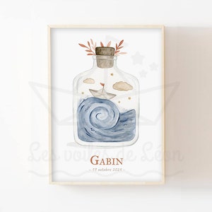 Ozean Geburtsplakat Vorname A4 (21x29,7cm) ODER 13x18cm Aquarell-Illustration Glas Boot Papier Meer Wanddekoration Babyzimmer Seemann