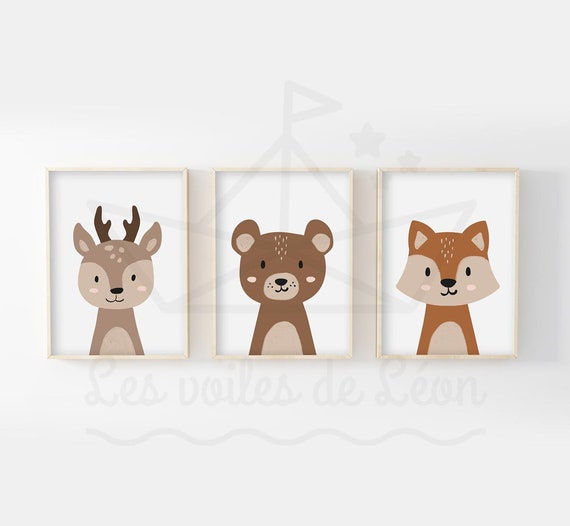 Lot 3 affiches animaux forêt bébé A4(21x29,7cm) OU 13x18cm faon ours renard décoration murale chambre enfant posters idée cadeau naissance