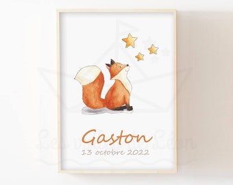 Children's room decoration fox A4 (21x29.7cm) or 13x18cm watercolor stars sky poster handmade animals forest poster baby