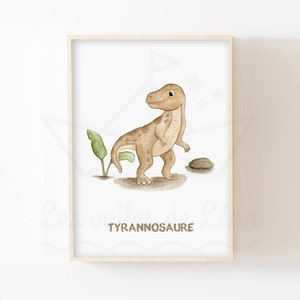 Póster de dinosaurio con nombre A4 (21 x 29,7 cm) o 13 x 18 cm, ilustración en acuarela, tiranosaurio, decoración de pared, habitación infantil personalizable