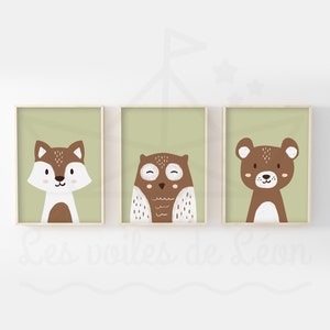 Pósteres para bebés A4/13x18cm, juego de 3 pósteres de bosque, oso, zorro, búho, regalo de nacimiento, decoración de habitación infantil, póster de pared, animales salvajes