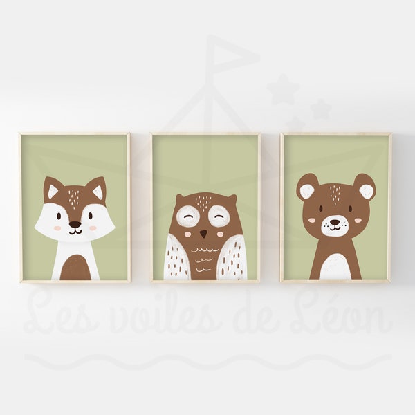 A4/13x18cm baby posters, set of 3 forest posters, bear, fox, owl, birth gift, child's room decor, wall poster, wild animals