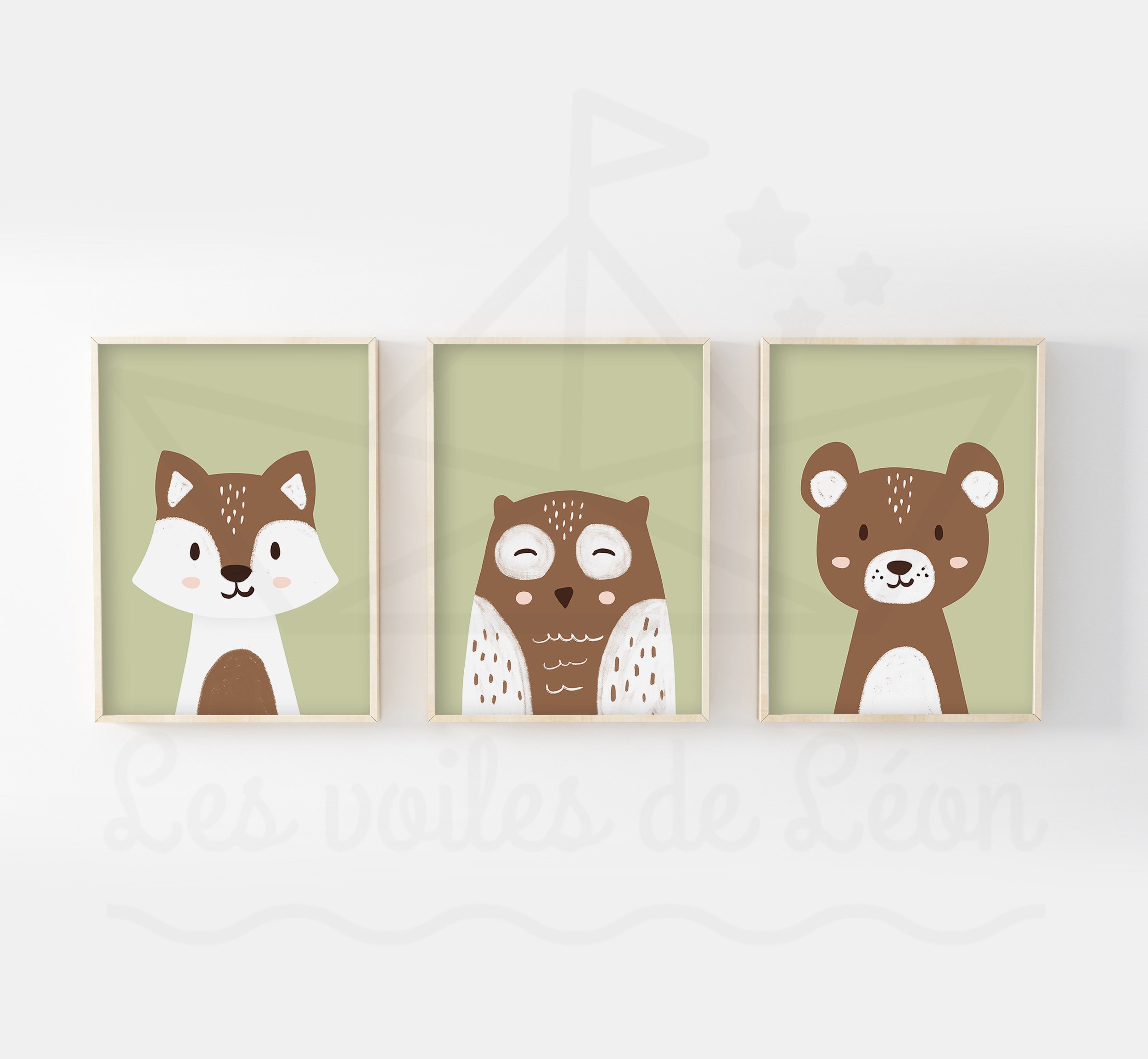 Affiches Bébé A4/13x18cm, Lot 3 Poster Forêt, Ours, Renard, Hibou, Cadeau Naissance, Déco Chambre En