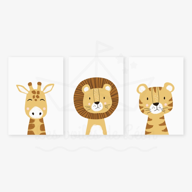 Lot 3 affiches enfant safari A421x29,7cm ou 13x18cm lion girafe tigre décoration murale chambre bébé idée cadeau naissance Blanc