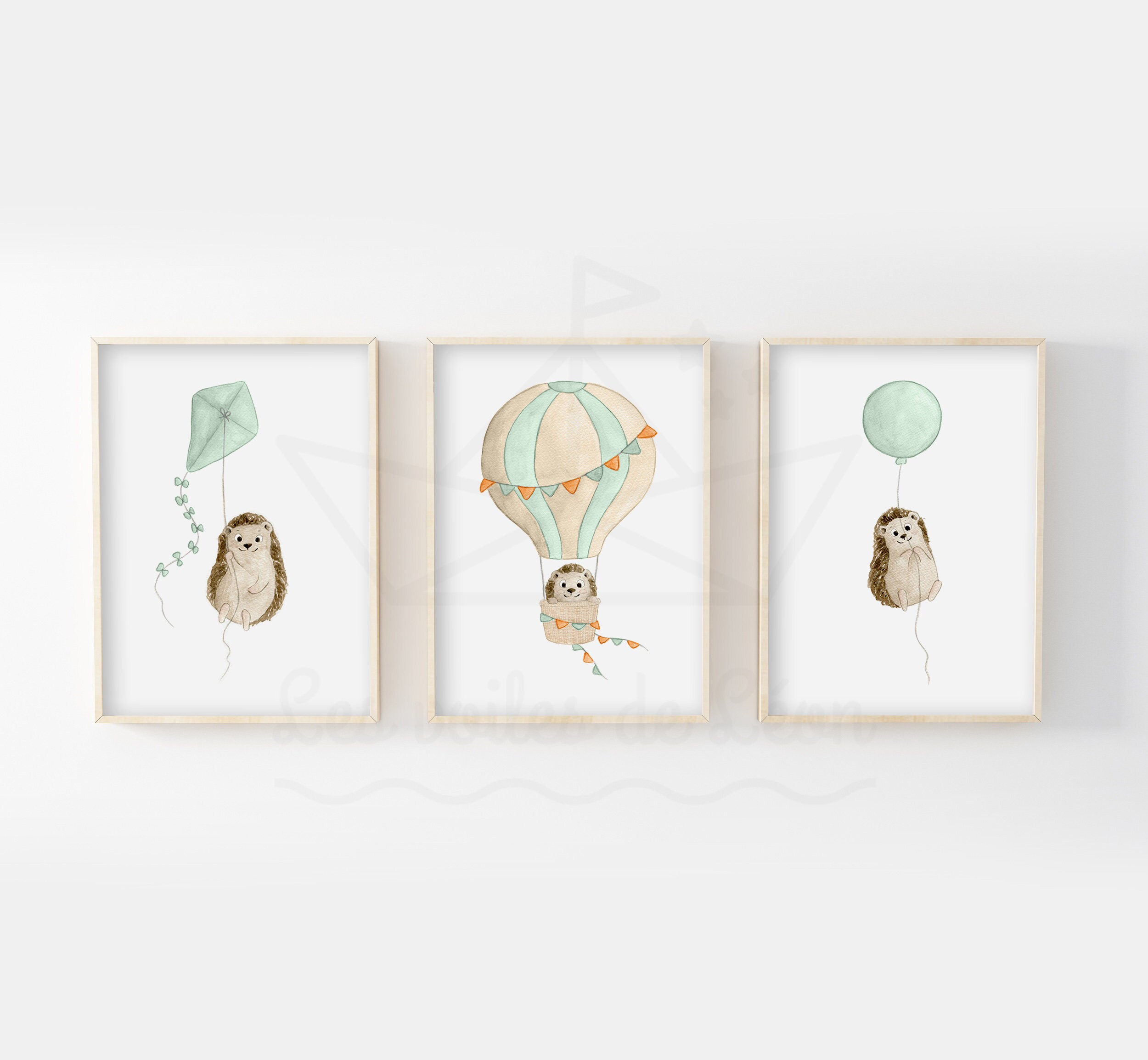 Décoration Chambre Bébé 30x40cm, Affiches Hérissons Dans Le Ciel, Posters Aquarelles Enfant, Tableau