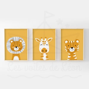 Juego de 3 pósteres infantiles A4 (21 x 29,7 cm) o 13 x 18 cm safari león jirafa tigre decoración de pared habitación de bebé idea de regalo de nacimiento