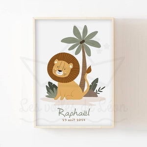 Póster de safari de leones para niños, 30 x 40 cm, decoración de pared para habitación de bebé, póster personalizado con nombre, idea de regalo de nacimiento mixto de sabana