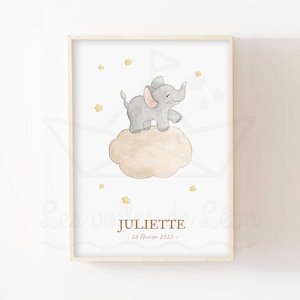 Decoración de elefante bebé A4 (21x29,7cm) O 13x18cm ilustración acuarela nube estrellas cielo nacimiento regalo pared póster animales sabana