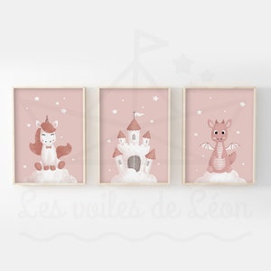 Juego de 3 pósteres infantiles A4 (21 x 29,7 cm) o 13 x 18 cm princesa unicornio dragón castillo decoración de pared habitación de bebé idea de regalo de nacimiento