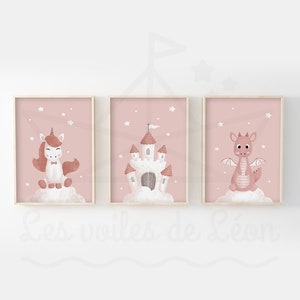 Set of 3 children's posters A4(21x29.7cm) OR 13x18cm princess unicorn castle dragon wall decoration baby room baby gift idea