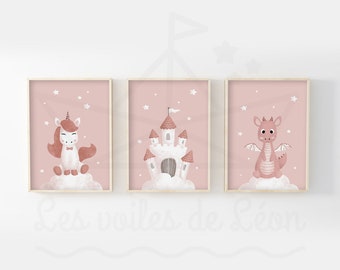 Set of 3 children's posters: princess, unicorn, castle, dragon, wall decoration for baby's room, baby shower gift idea