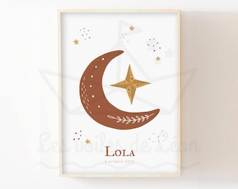 Moon poster for children's room decoration, boho terracotta, personalized poster with name, boho birth gift
