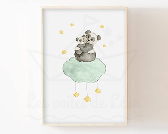 Illustration watercolor panda cloud 30x40cm wall decoration baby animals stars sky gift idea birth