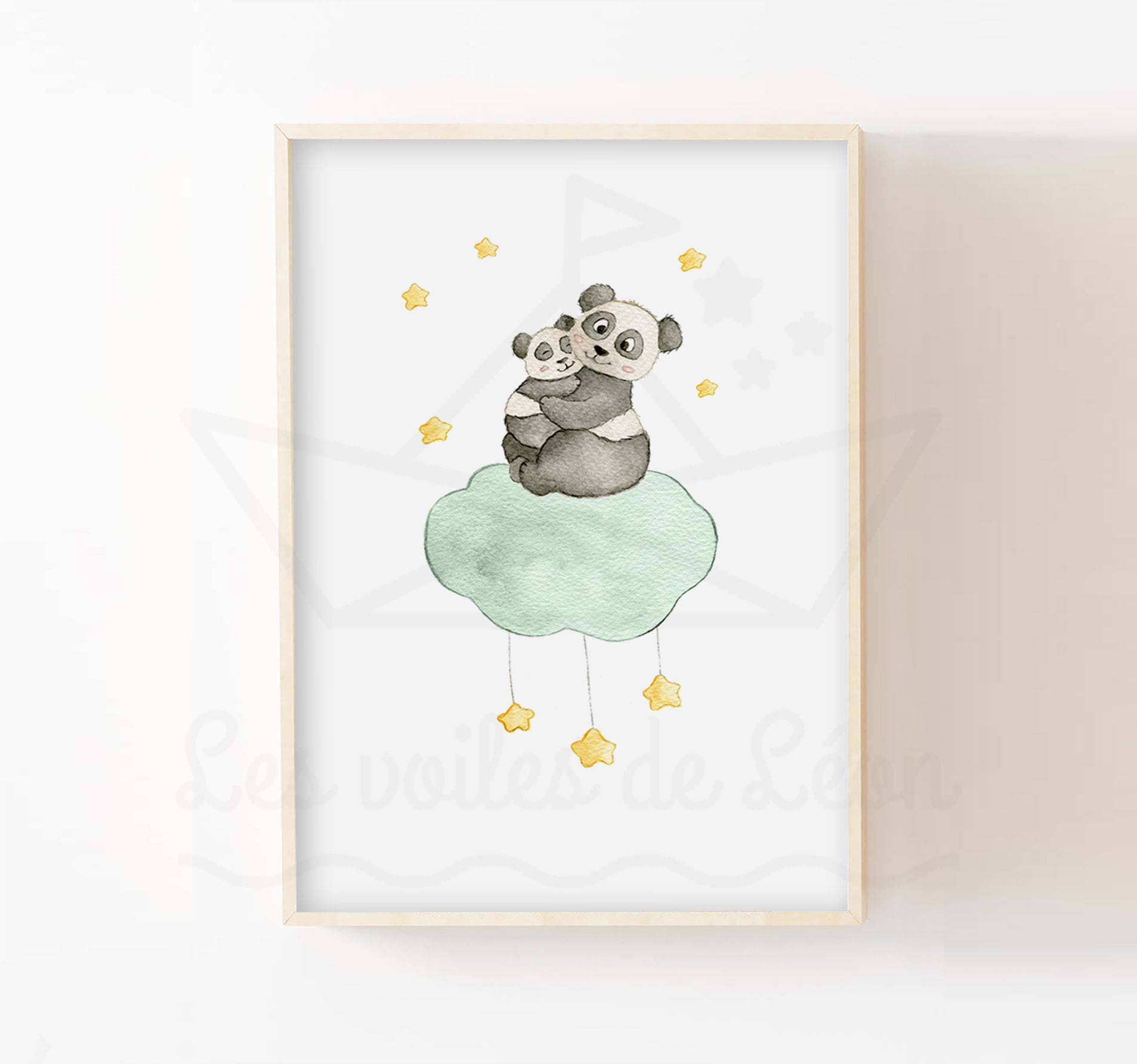 Illustration Aquarelle Panda Nuage 30x40cm Décoration Murale Bébé Animaux Étoiles Ciel Idée Cadeau N