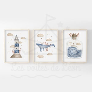 Set de 3 acuarelas bebé mar 30x40cm ilustraciones faro ballena barco papel decoración pared habitación infantil carteles océano