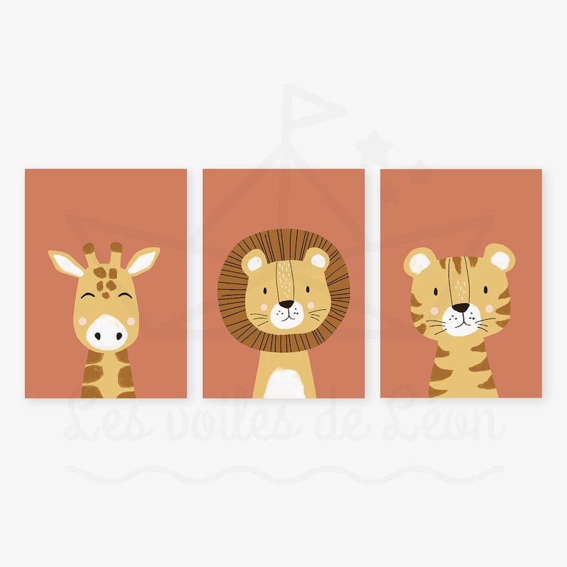 Lot 3 affiches enfant safari A421x29,7cm ou 13x18cm lion girafe tigre décoration murale chambre bébé idée cadeau naissance Terracotta