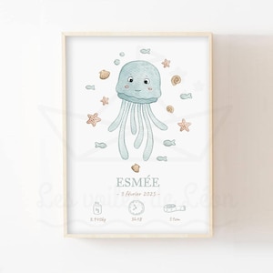 Póster de mar para bebé A4 (21 x 29,7 cm) O 13 x 18 cm, ilustración de acuarela, medusas, decoración de pared, habitación infantil, póster del océano, animal marino, nacimiento