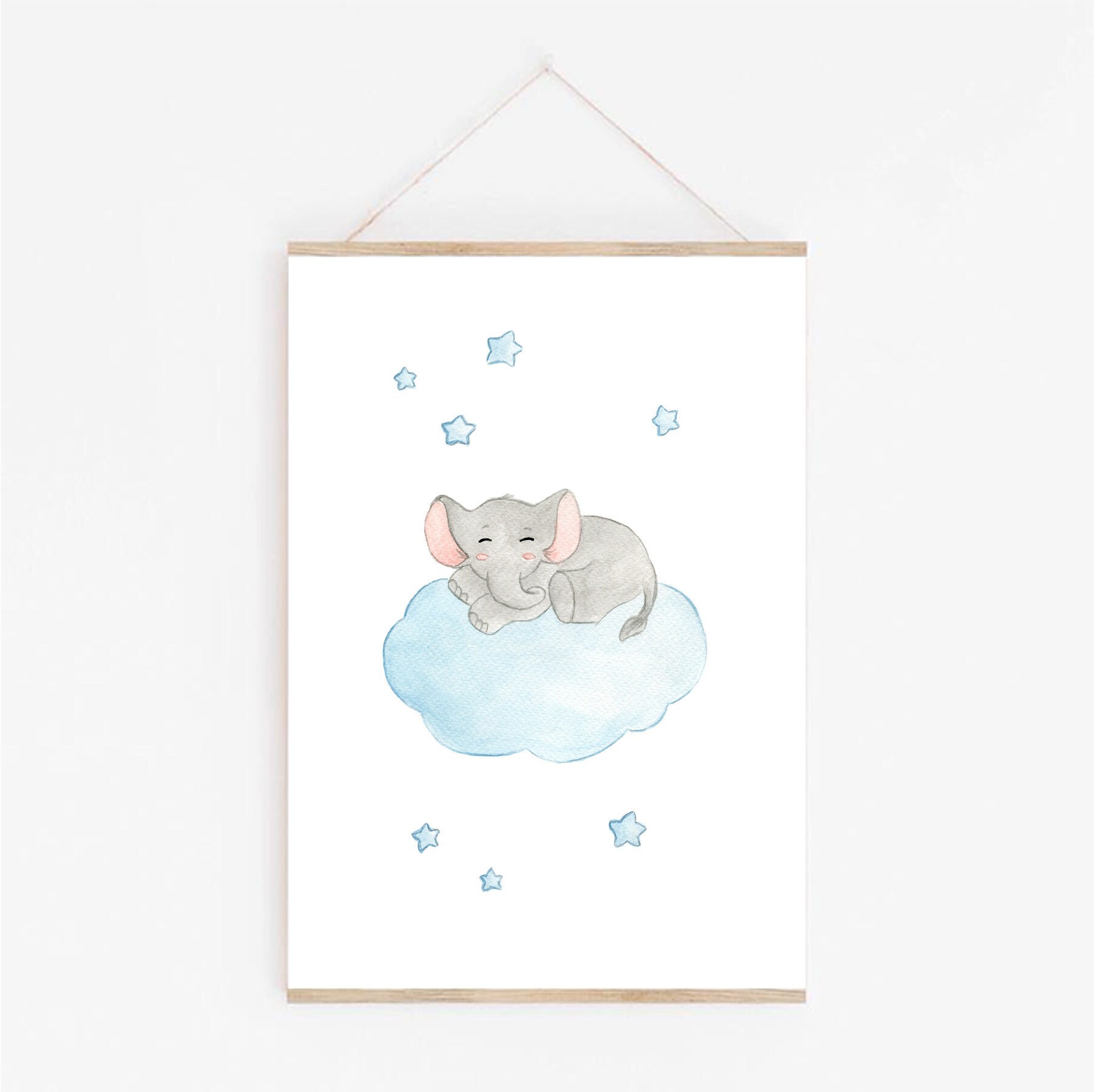 Décoration Chambre Bébé 30x40cm, Aquarelle Éléphant sur Nuage, Cadeau Naissance, Poster Mural Animau