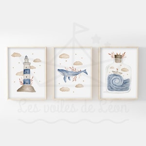 Lote 3 acuarelas de mar bebé A4 (21x29.7cm) O 13x18cm ilustraciones faro ballena barco papel decoración de pared habitación infantil carteles oceánicos
