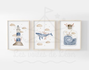 Set of 3 baby posters: sea, watercolor illustrations, lighthouse, whale, boat, wall decoration for children's room, ocean, personalized name poster