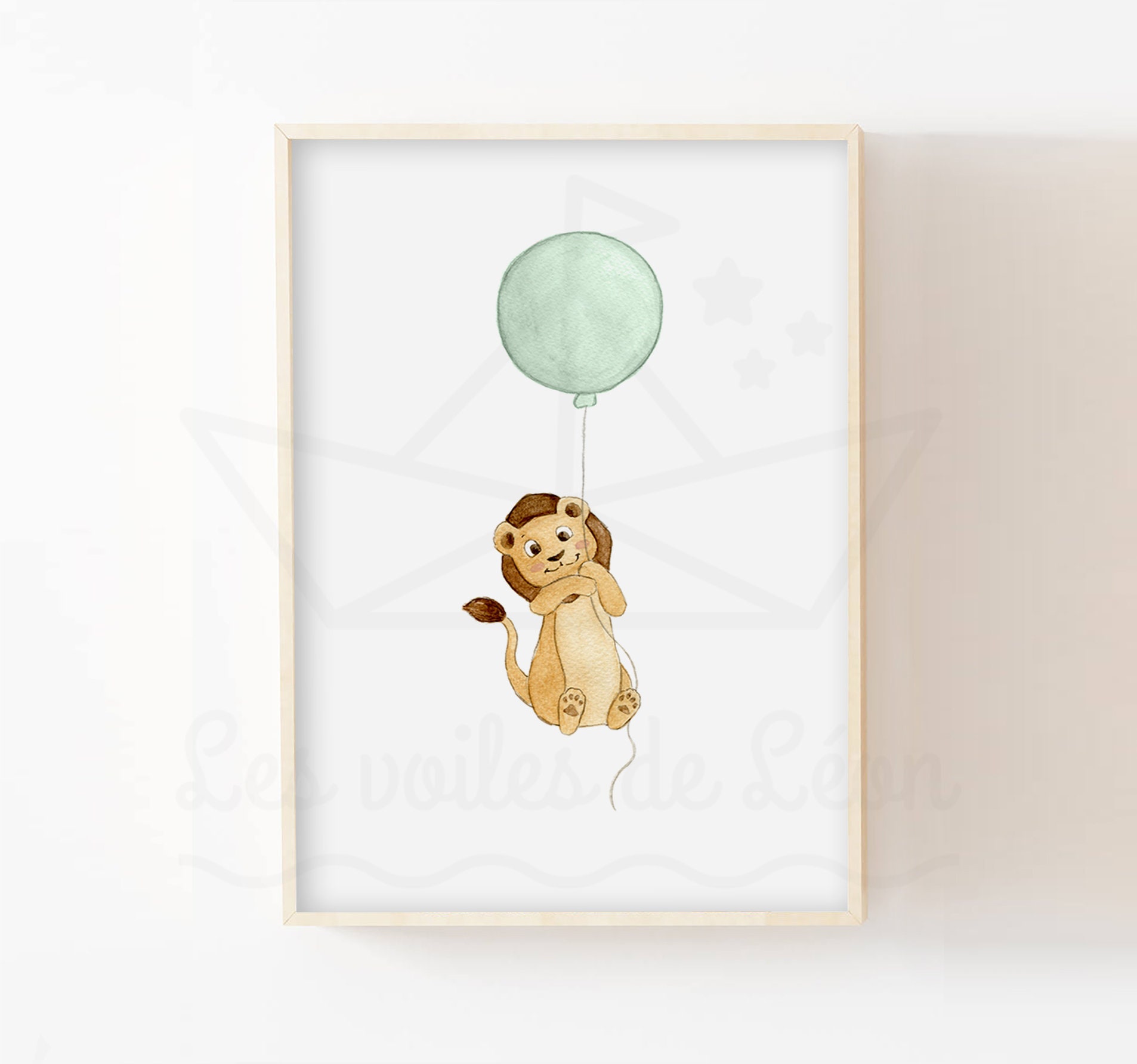 Affiche Bébé Lion 30x40cm Aquarelle Ballon Ciel Idée Cadeau Naissance Décoration Murale Chambre Enfa