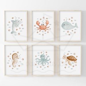 Set mit 6 Postern Baby Meer A4 (21x29,7cm) ODER 13x18cm Wanddekoration für Kinderzimmer, Aquarell-Illustrationen Ozean