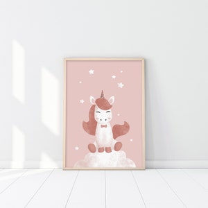 May include: A framed print of a pink watercolour illustration of a white unicorn with a brown mane and tail, wearing a bow tie, sitting on a cloud with stars in the background.