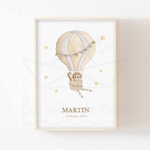 Póster de globo aerostático de mono bebé A4 (21 x 29,7 cm) o 13 x 18 cm, animales de acuarela, decoración de pared del cielo, idea de regalo de nacimiento para habitación de niños
