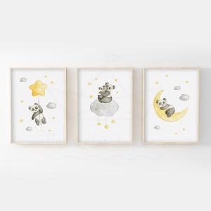 Pósteres para habitación de bebé A4/13 x 18, acuarelas de estrellas de panda, idea de regalo de nacimiento, decoración de pared para niños, póster de nubes y luna de animales