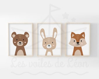 Lot 3 affiches forêt chambre bébé A4(21x29,7cm) OU 13x18cm ours lapin renard décoration murale enfant posters animaux idée cadeau naissance