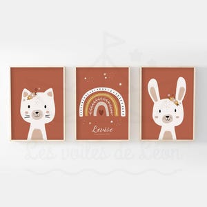 Set of 3 personalized terracotta posters A4 OR 13x18cm wall decoration girl's room baby posters animals flowers rainbow rabbit cat