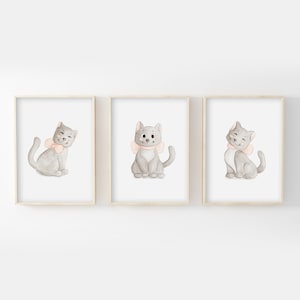Lote de 3 ilustraciones de gatos tamaño A4/13x18, decoración de pared para dormitorio infantil, bebé, carteles de acuarela hechos a mano, animales, gatitos