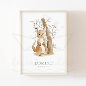 Habitación de bebé en acuarela 30x40cm, canguro animal australiano, póster infantil, decoración de pared de naturaleza, póster de regalo de nacimiento mixto