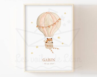 Baby poster, watercolor fox in its hot air balloon, baby shower gift idea, nursery wall decoration, animal poster
