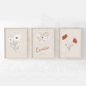 Set of 3 personalized flower posters floral wall decoration boho bedroom terracotta wall art girl first name date of birth